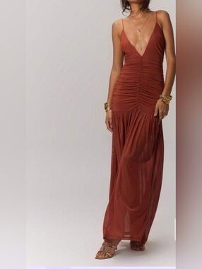 Musera Rust Brown V Neck Sheer Ruched Bodycon Maxi Dress Large